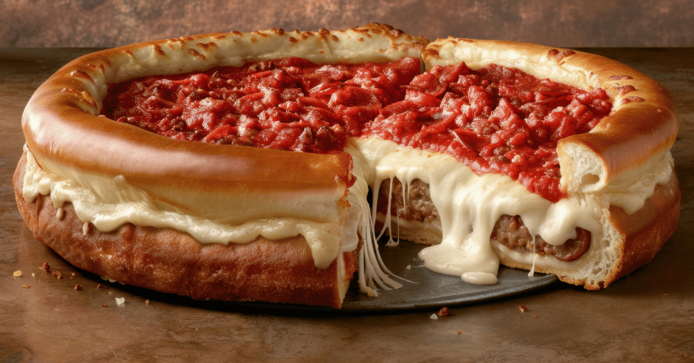 Deep Dish Finds a Southern Home - featured image of a cheesy, meaty deep dish pizza