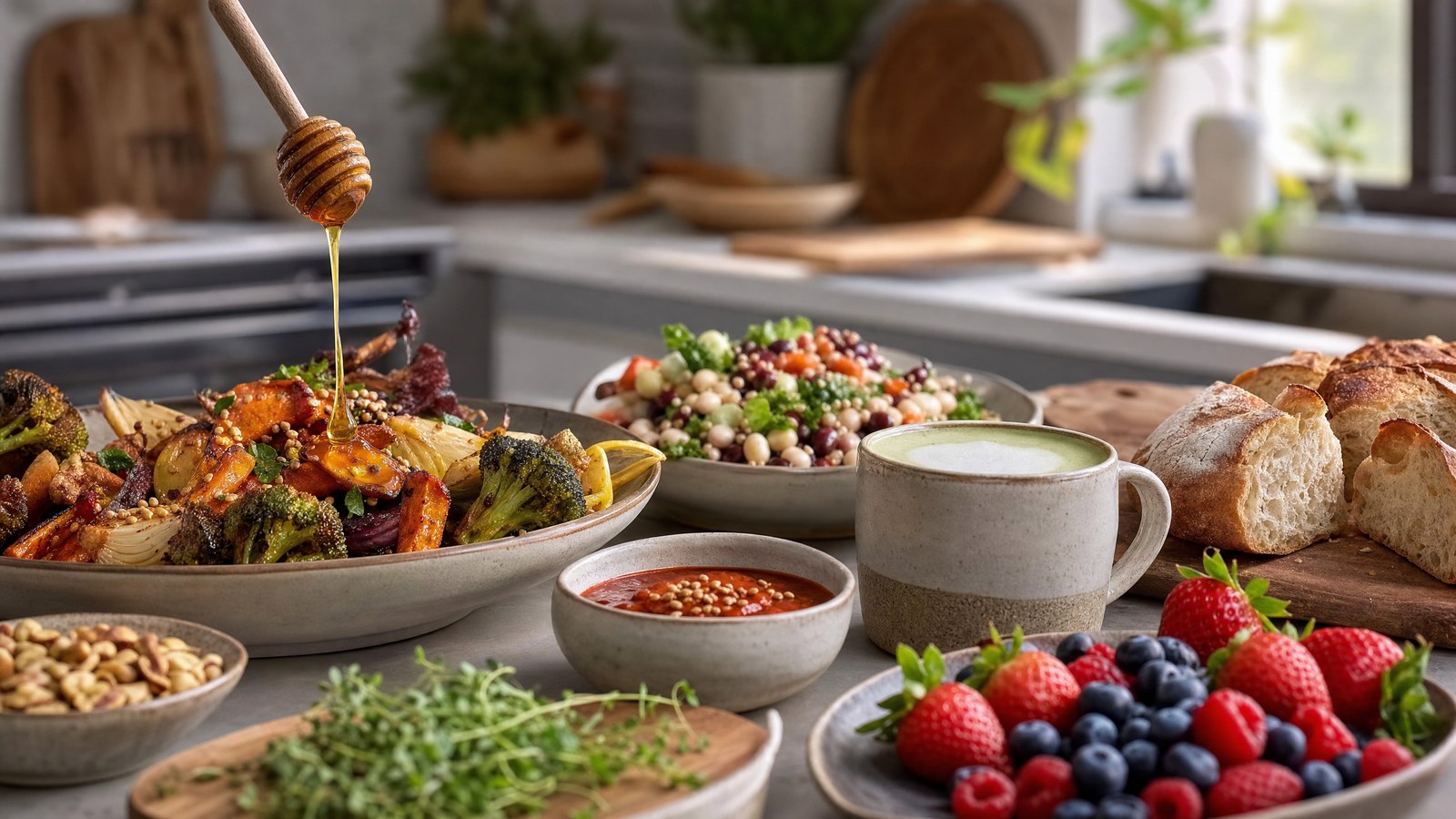 Trend-forward home cooking spread with hot honey vegetables, matcha, sourdough, berries, and fiber-rich salad