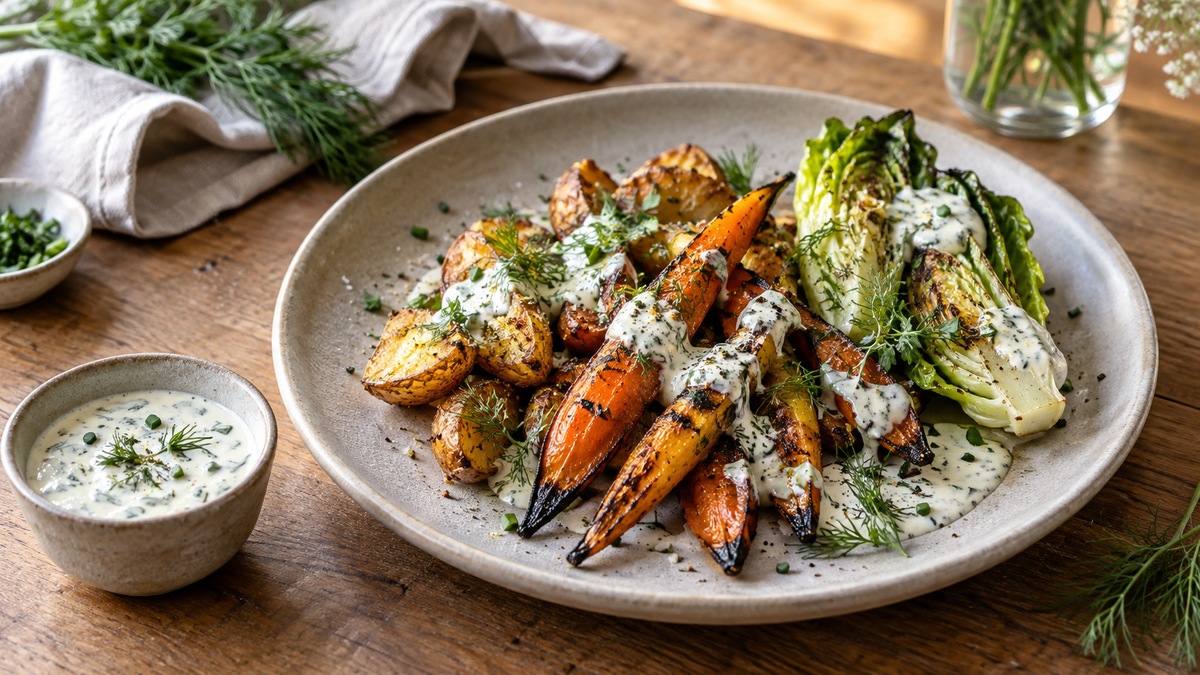 Ranch dressing served with roasted vegetables.