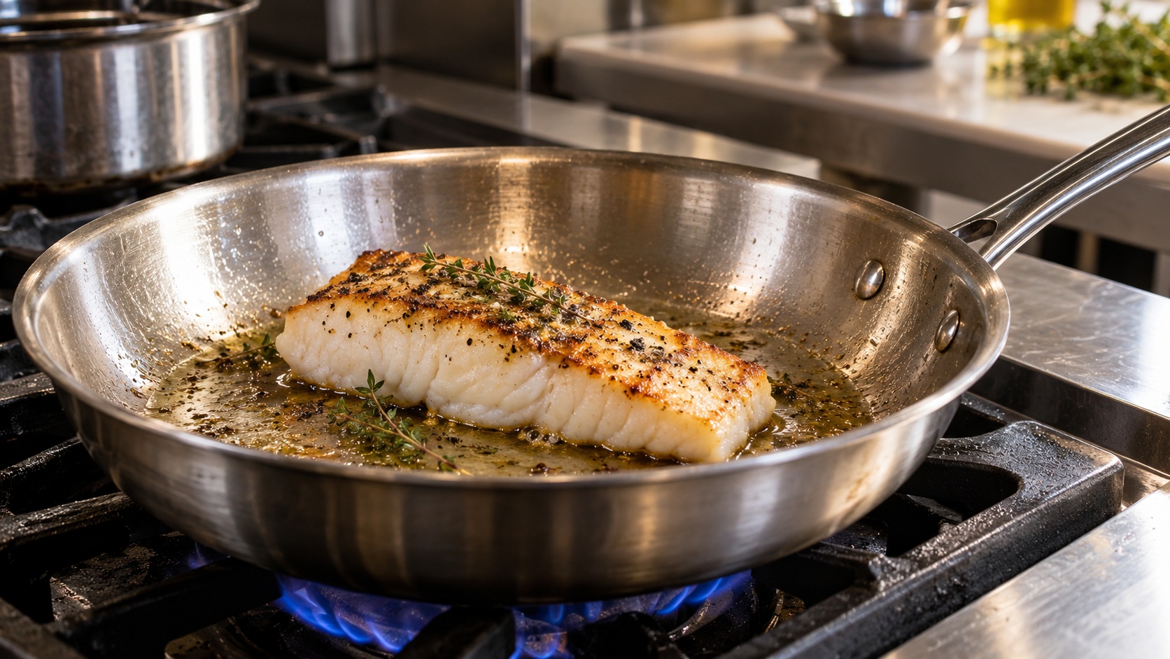Fish fillet searing in a stainless steel pan on a gas stove.